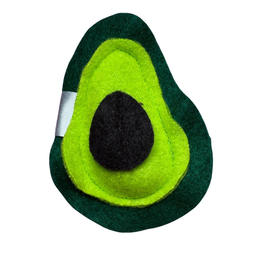 Avocado-shaped catnip toy with vibrant green colors and a black seed in the center, made of soft fabric by Catnip Takeout
