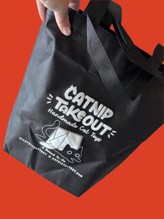 Custom CatnipTakeout Shopping Bag, 15"H x 14"W, black with white logo, free with $25+ purchases.