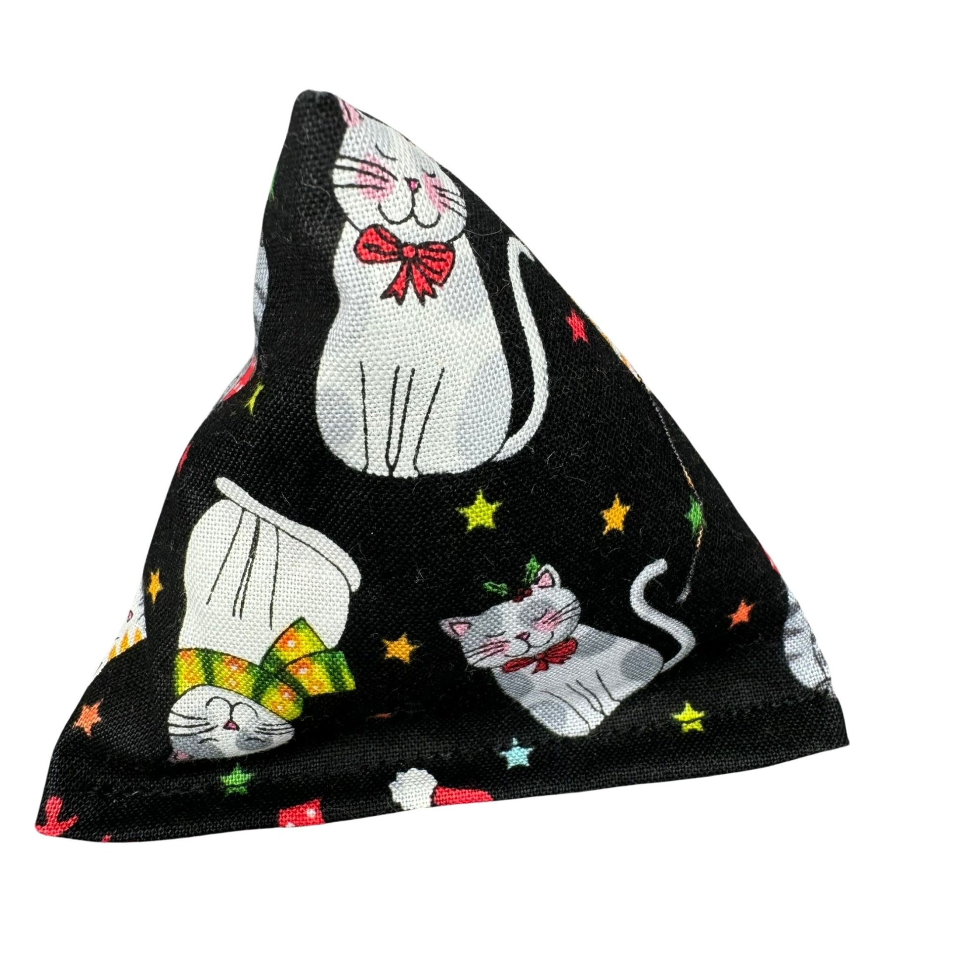 Smiling Kitties | Happy Sack Catnip Cat Toy from CatnipTakeout - A toy featuring cats with bow ties and scarves on a black background, perfect for festive playtime.