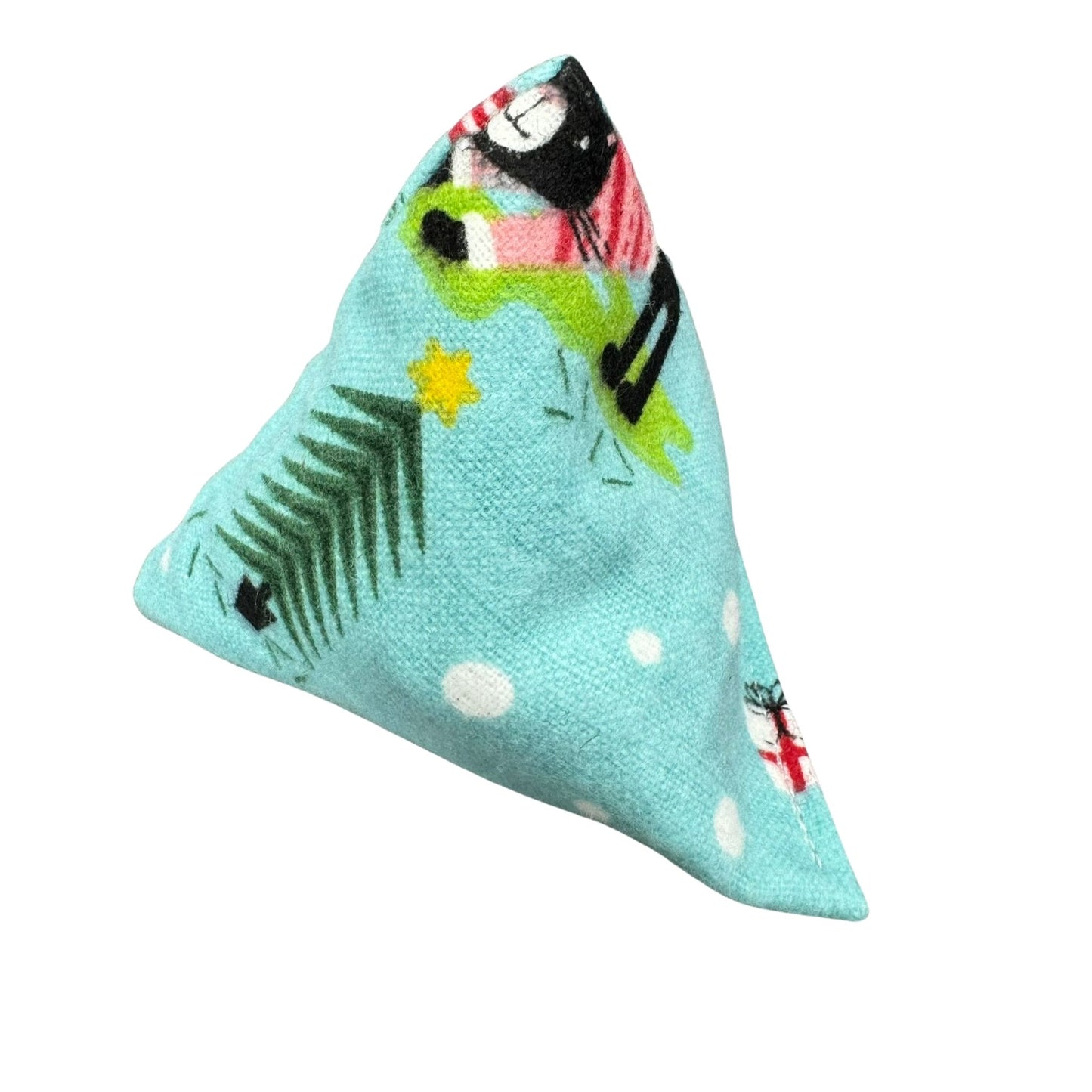 Black Cats and Christmas Trees | Happy Sack Catnip Cat Toy from CatnipTakeout - A flannel toy featuring a black cat in a sweater on a light blue background, perfect for festive playtime.