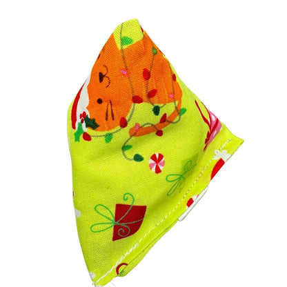 Cats and Christmas Lights | Happy Sack Catnip Cat Toy from CatnipTakeout - A toy featuring colorful cats and dogs with Christmas lights on a bright yellow background, perfect for festive playtime.