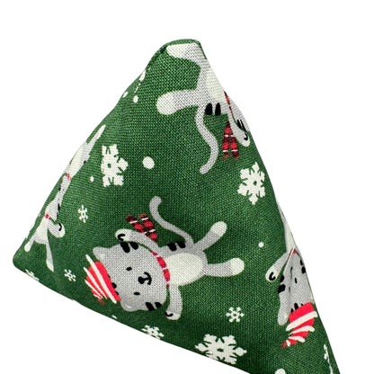 Retro Christmas Cat | Happy Sack Catnip Cat Toy from CatnipTakeout - A toy featuring a grey kitty in a hat and scarf on a green background with white snowflakes, perfect for festive playtime