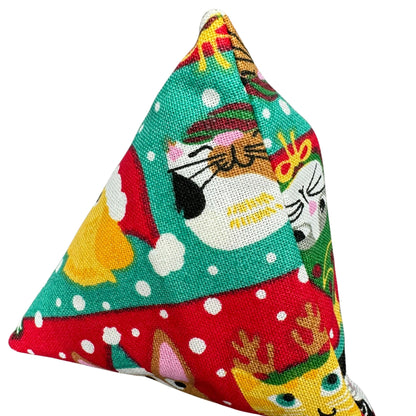 Cats and Dogs in Hats | Happy Sack Catnip Cat Toy from CatnipTakeout - A bright red and blue toy featuring cat and dog heads wearing festive hats, perfect for holiday playtime.