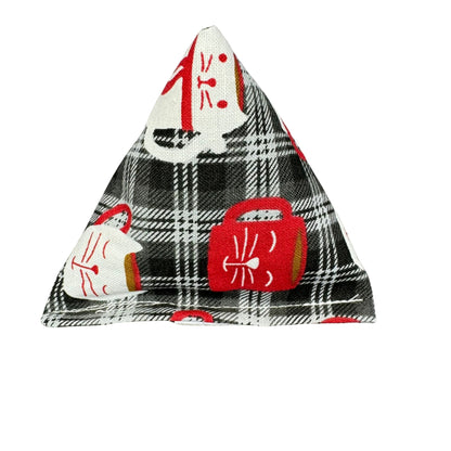 Cats and Coffee | Happy Sack Catnip Cat Toy from CatnipTakeout - A toy with a grey plaid background featuring red and white coffee mugs with cat faces, perfect for festive playtime