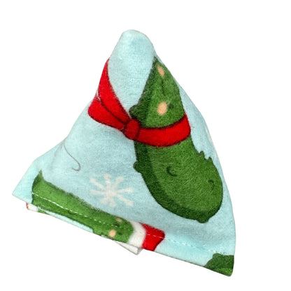 Christmas Pickle | Happy Sack Catnip Cat Toy from CatnipTakeout - A toy featuring whimsical pickles wearing Santa hats and scarves on blue, perfect for festive playtime.