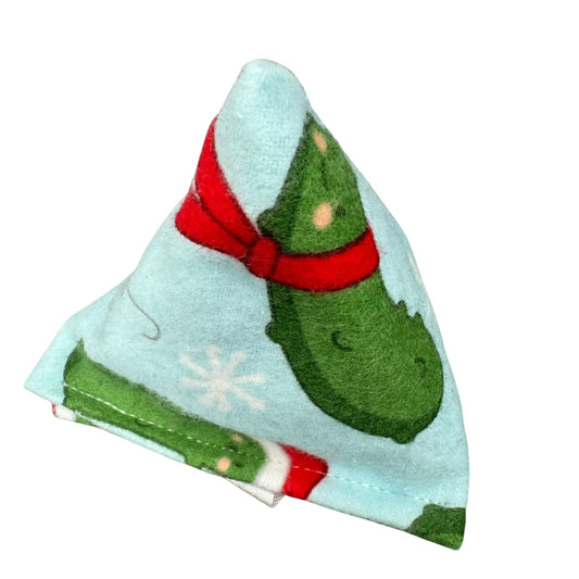 Christmas Pickle | Happy Sack Catnip Cat Toy from CatnipTakeout - A toy featuring whimsical pickles wearing Santa hats and scarves on blue, perfect for festive playtime.