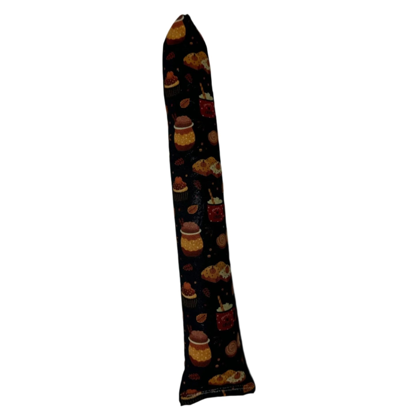 Pumpkin Spice Latte-themed kicker Catnip Cat Toy by CatnipTakeout, with coffee cups, pastries, and donuts on a dark background for fall play. Available with or without pet-safe crinkle.