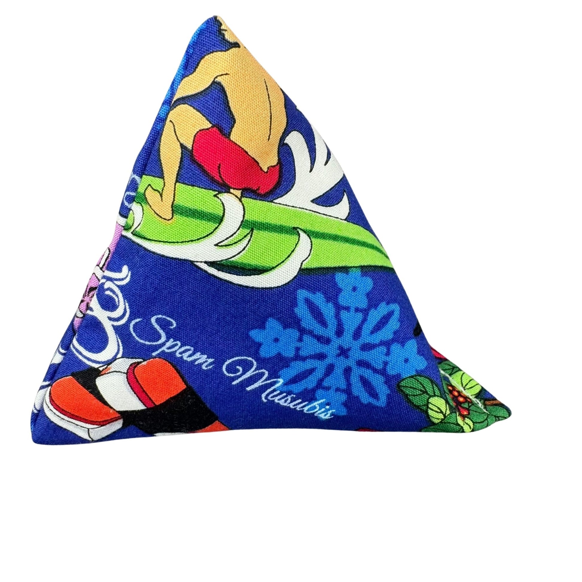 Surfer Mele Kalikimaka | Happy Sack Catnip Cat Toy from CatnipTakeout - A toy featuring surfers, waves, holly, and snowflakes on a bright ocean blue background, perfect for festive playtime.