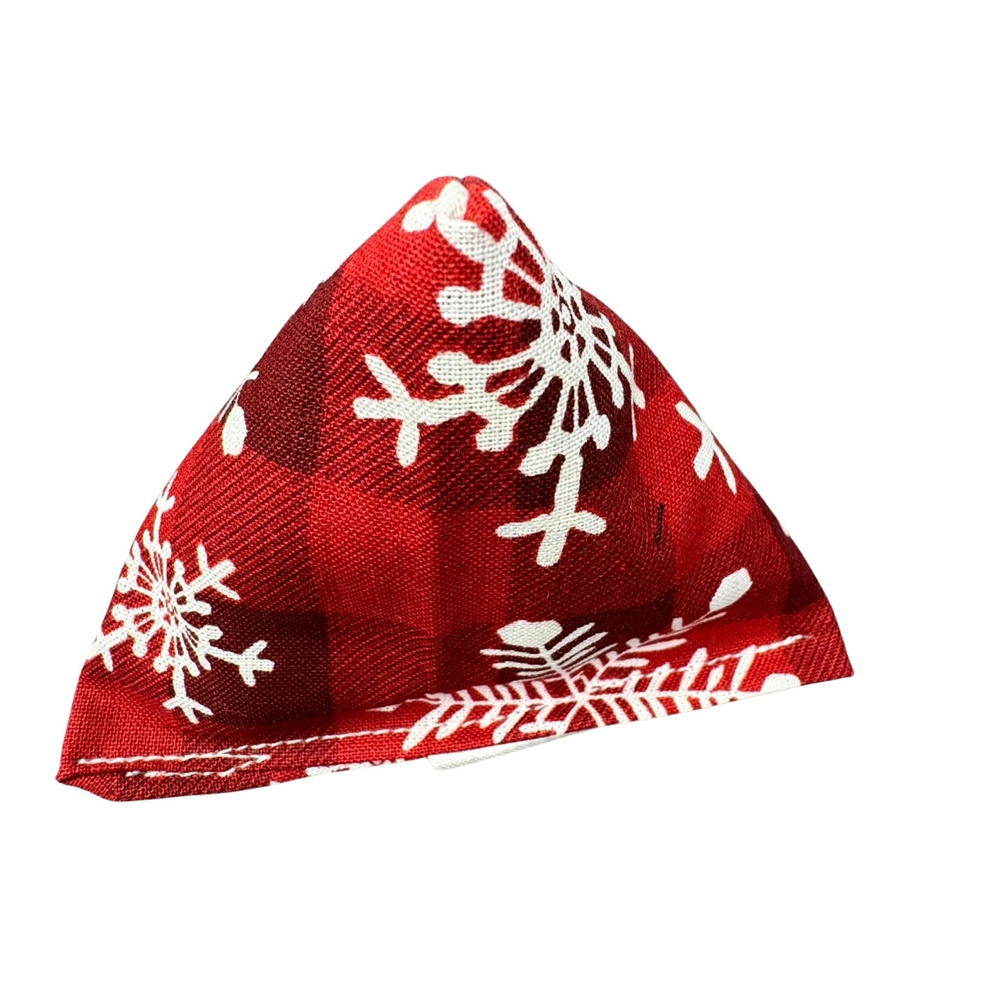 Snowflakes on Plaid | Happy Sack Catnip Cat Toy from CatnipTakeout - A toy featuring classic white snowflakes on a maroon plaid background, perfect for festive playtime.