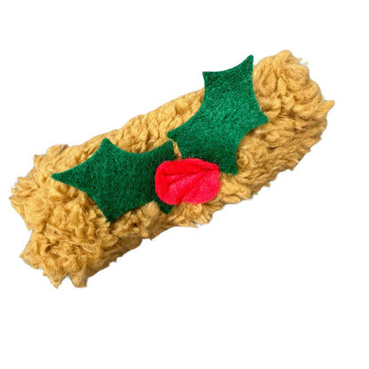 Yule Log Catnip Cat Toy from CatnipTakeout - A fuzzy felt toy shaped like a traditional yule log in brown, decorated with vibrant green holly and red berries, perfect for holiday-themed playtime.