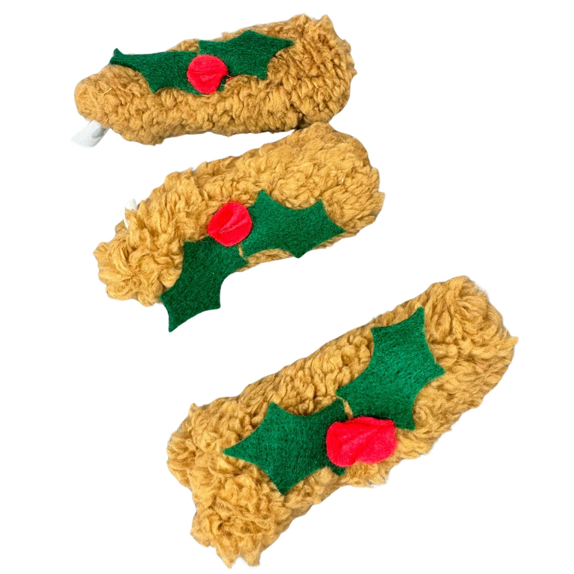 Yule Log Catnip Cat Toy from CatnipTakeout - A fuzzy felt toy shaped like a traditional yule log in brown, decorated with vibrant green holly and red berries, perfect for holiday-themed playtime.