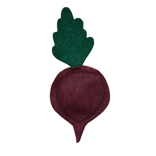 A beet-shaped felt catnip cat toy featuring a burgundy beet body with green leafy details, perfect for cats to bat, pounce, and toss made by CatnipTakeout