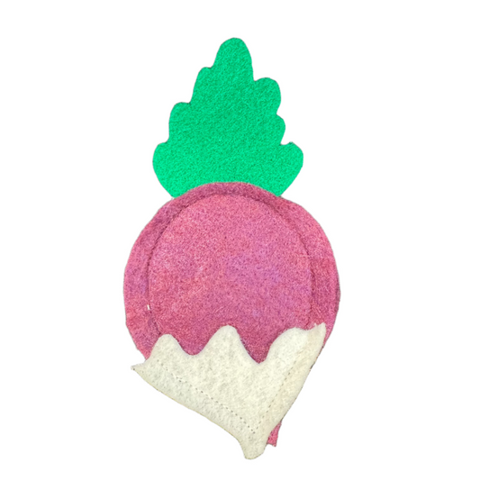 A radish-shaped catnip cat toy with a vibrant red body, green leafy top, and a white patch at the base, perfect for cats to bat, pounce, and toss made by CatnipTakeout.