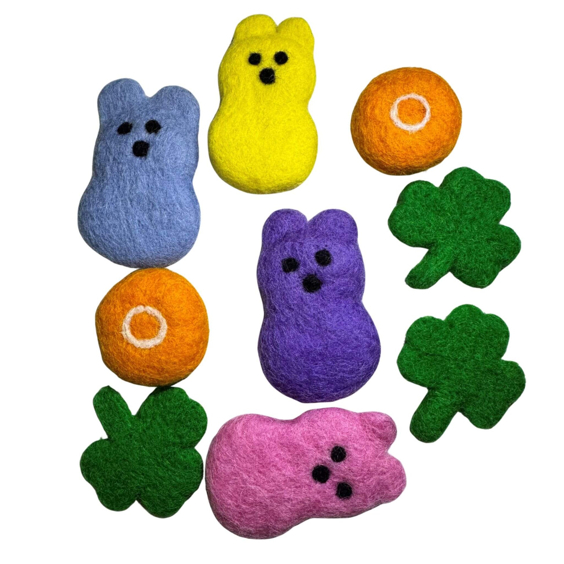 Spring Wool Cat Toys featuring shamrocks, Peeps, carrots, and festive seasonal shapes. Soft wool and lightly sprayed with our signature fresh, aromatic premium catnip. Made by CatnipTakeout.