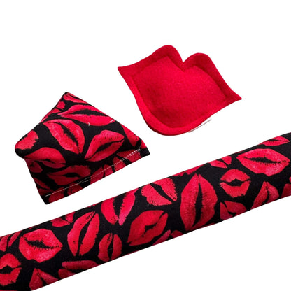 Valentine’s Day catnip toy collection featuring a red lips felt toy, a red lips pattern kicker toy, and a matching happy sack, all crafted from soft materials and filled with organic catnip for playful cats made by CatnipTakeout.